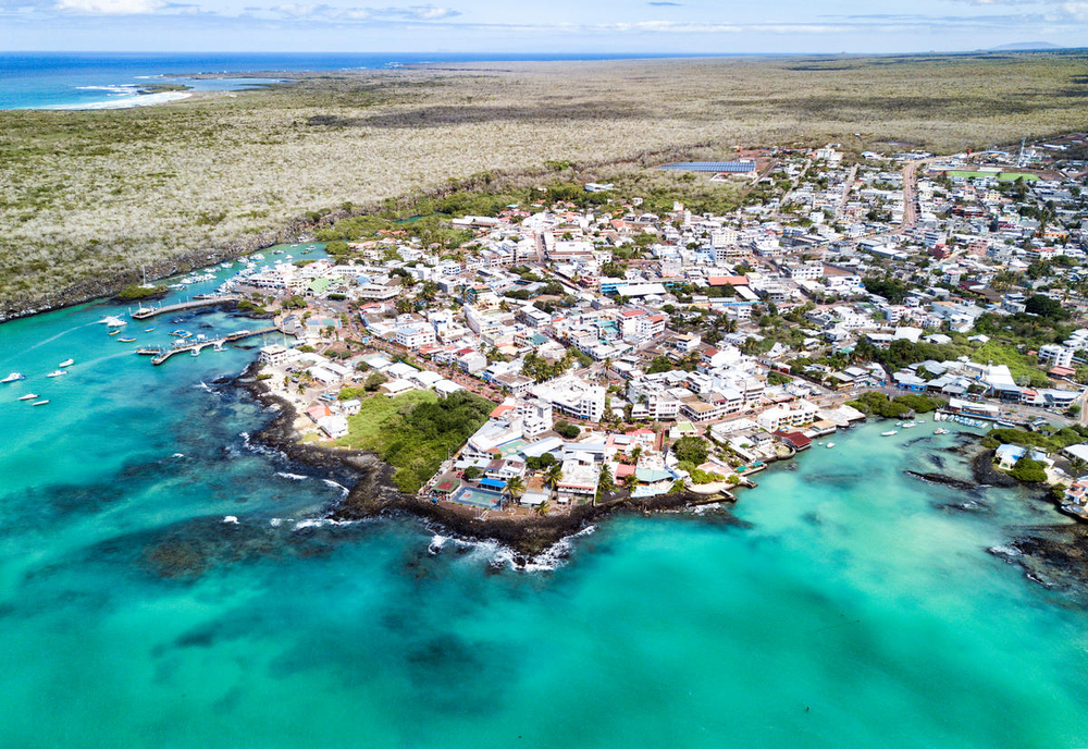 Aerial shot of Puerto Ayora on Santa Cruz Island, Galapagos, Ecuador